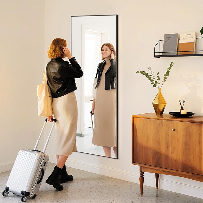 OLIXIS Full Length Mirror 59"x16.5" for Bedroom, Full Body Mirror with Stand, Hanging or Leaning for Wall, Aluminum Alloy Thin Frame Floor Standing for Living Room, Long, Black