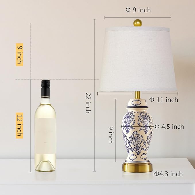 RORIANO Chinoiserie Ceramic Small Table Lamps Set of 2 for Living Room Bedroom Bedside, Traditional Beige and Blue Porcelain Classic Table Lamp for Nightstand Entryway, 2 LED Bulbs Included