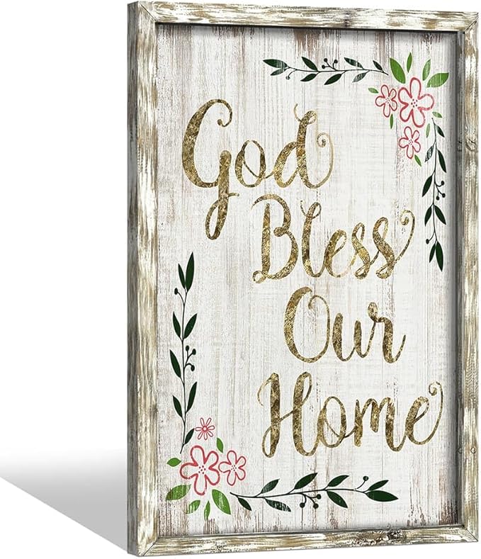 Inspirational Home Wall Art Decor: Christian Signs Wooden Framed Print Decoration Farmhouse God Bless Sayings Picture Religious Quotes Artwork for Bedroom Living Room Dining Room