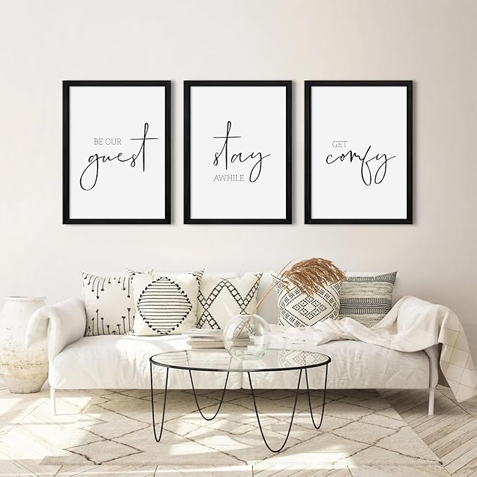 Be Our Guest Wall Decor Guest Room Wall Art Decor Stay Awhile Signs for Home Decor Minimalist Wall Art Over The Bed Sign Guest Bedroom Wall Decor Canvas Painting 12x16 Inch Wood Framed Set of 3