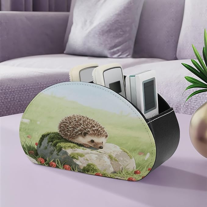 Cute Hedgehog Remote Control Holder Organizer Box with 5 Compartment PU Leather Bedside Storage Caddy Remote Organizer for Controller Media Player Pen/Pencil Storage