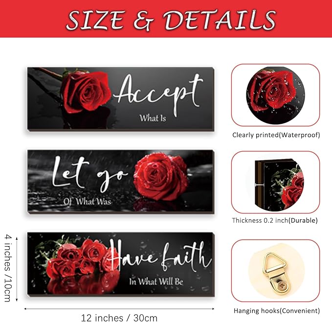 3 Pcs Red Decor Flower Inspirational Wooden Wall Art Red Roses Office Wall Decor with Accept Let Go Have Faith Positive Quotes for Girl Women Bathroom Living Room Bedroom(Red Rose12 x 4 Inch)