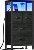 Furnulem Tall Night Stand with Charging Station and Led Light, Small Dresser with Open Shelf and 4 Storage Drawers, Black Side Table Fabric Nightstand for Bedroom, Entryway, Bedside Furniture | and Led Light, Open Shelf, 4 Storage Drawers, for Bedroom,...