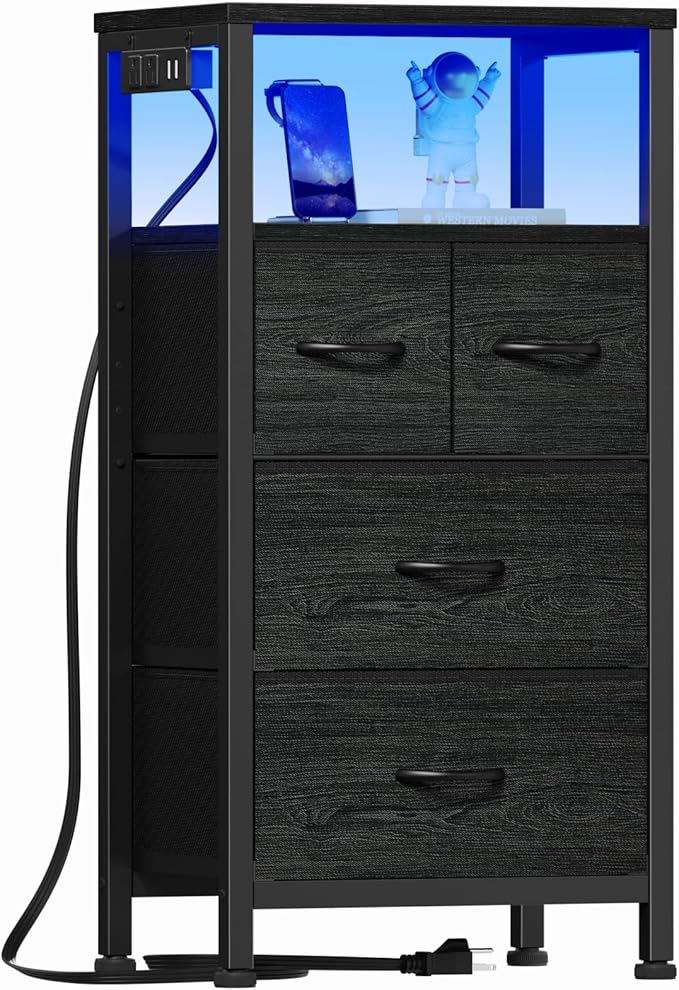 Furnulem Tall Night Stand with Charging Station and Led Light, Small Dresser with Open Shelf and 4 Storage Drawers, Black Side Table Fabric Nightstand for Bedroom, Entryway, Bedside Furniture | and Led Light, Open Shelf, 4 Storage Drawers, for Bedroom,...
