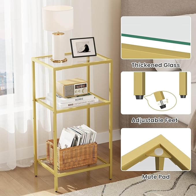Side Table with Tempered Glass, End Table with Storage Shelves, 3-Tier Small Nightstand,Tall Table Stand for Home Decor, Living Room, Bedroom, Office, Gold