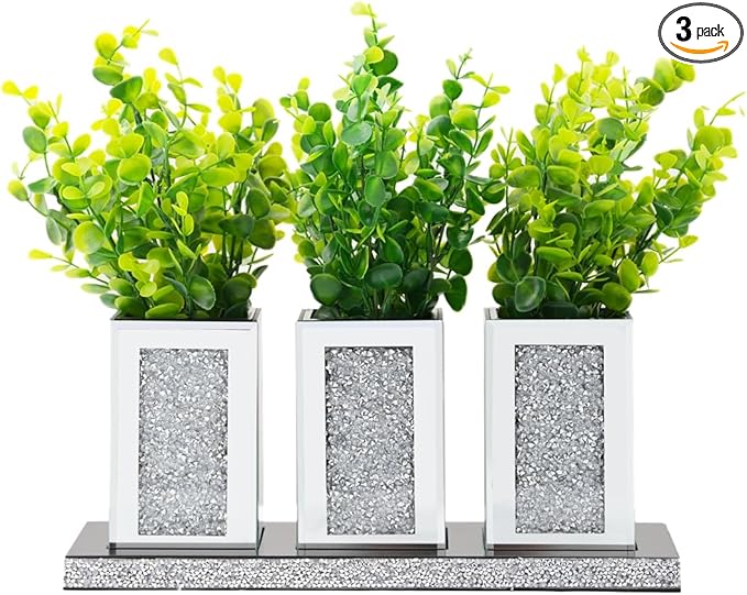 Pibeyer Crystal Crush Diamond Jar Table Centerpiece Decorations for Dining Room, Coffee Table Decor Wooden Tray with 3 Mirrored Jars Artificial Plants for Kitchen, Living Room, Home Décor