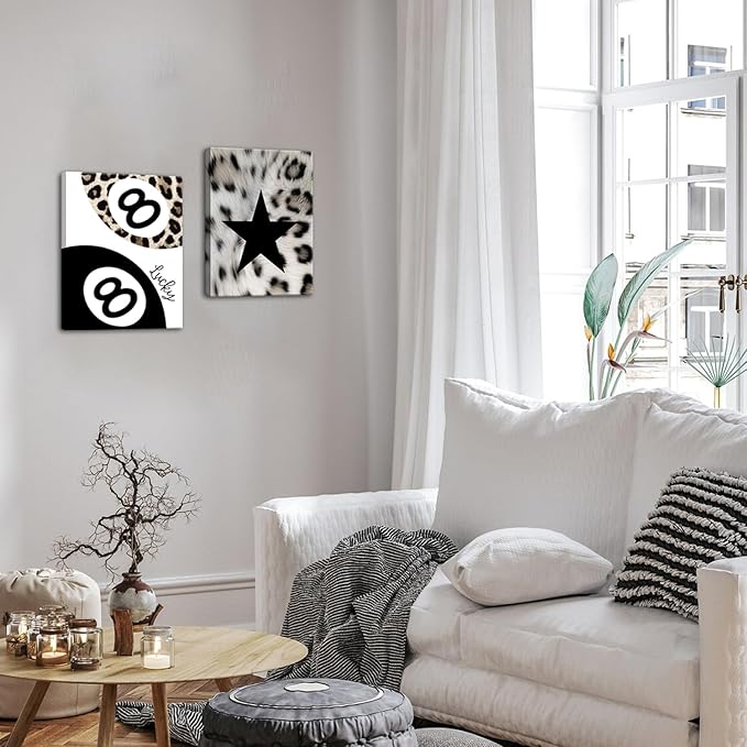 Trendy Leopard Wall Art Set of 3, Black and White Cheetah Wall Decor Paintings, Lips Star Lucky 8 Ball Poster Canvas Prints for Bedroom Living Room 16x24 inch Framed