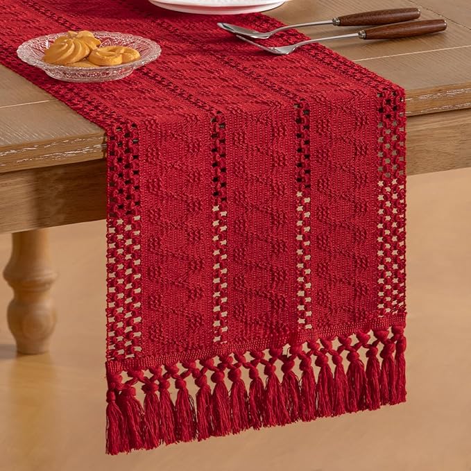 Socomi Boho Table Runner Macrame Long Easter Spring Farmhouse Woven Cotton Linen Rustic Coffee Table Runner with Tassels for Dresser Scarf Home Decor Dining Room 12x108 in Red