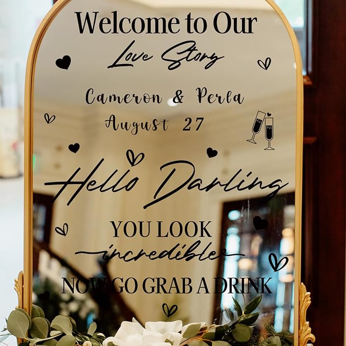HLNIUC Welcome To Our Love Story Mirror Stickers Double-Sized 2Pcs,DIY Lettering Wedding Wall Decal,Bride And Groom Names Decals,Hello Darling Wedding Sticker for Window Sign Marriage Decoration