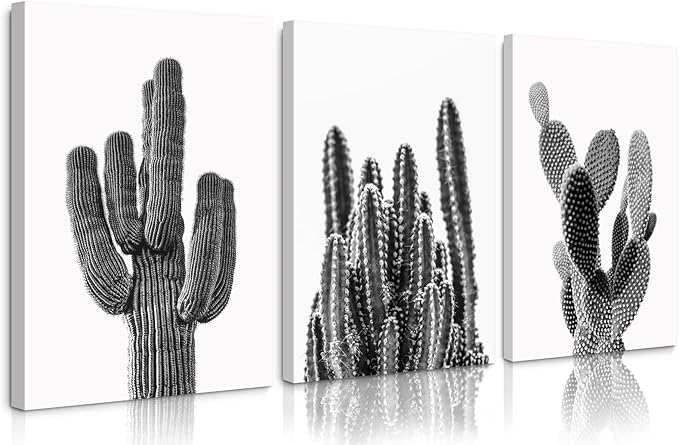 Black And White Cactus Canvas Wall Art Saguaro Cactus Pictures Wall Decor Black And White Artwork Painting Mexican Succulent Poster Prints for Living Room Bedroom Decor 12x16x3 Inch Ready to Hang