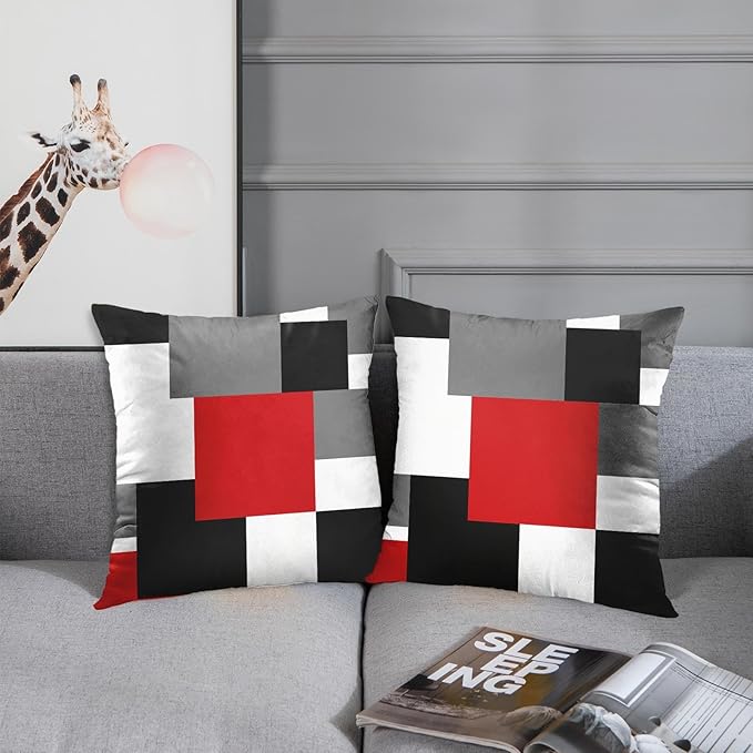 Emvency Set of 2 Red Black and Grey Throw Pillow Covers Geometric Modern Abstract Painting Decorative Pillow Cases Home Decor Standard Square 18x18 Inches Pillowcases