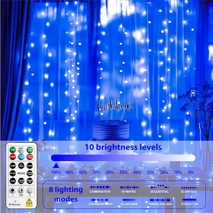 HXWEIYE 300LED Untangled Curtain Lights, 9.8x9.8Ft USB Fairy Twinkle String Lights with Remote and DIY Timer, 8 Modes Window Wall Hanging Light for Bedroom Dorm Backdrop Room Decor, Blue