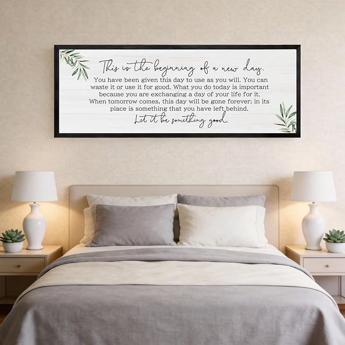 The Beginning of a New Day Wall Art – 40x15 Inch Wooden Framed Inspirational Sign with Motivational Message, Large Rustic Wood Frame Wall Decor for Living Room, Office, Entryway, Black