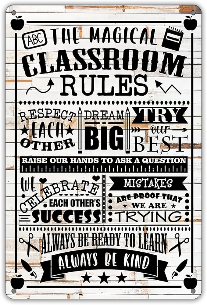 QIONGQI Funny classroom Rules Metal Tin Sign Wall Decor Rustic Farmhouse Classroom Sign Decor Gifts(Wooden Style)