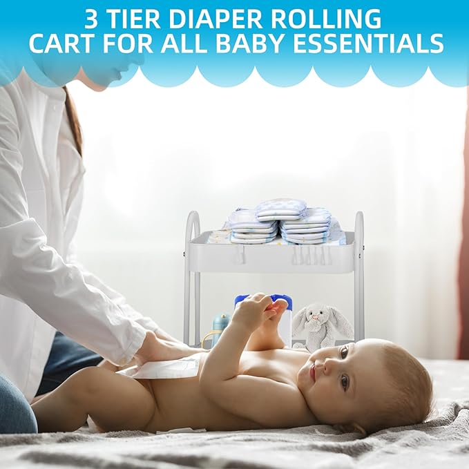 Baby Diaper Caddy Cart 3-Tier Metal Rolling Cart Nursery Storage Organizer for Baby Diapers and Newborn Essentials Storage