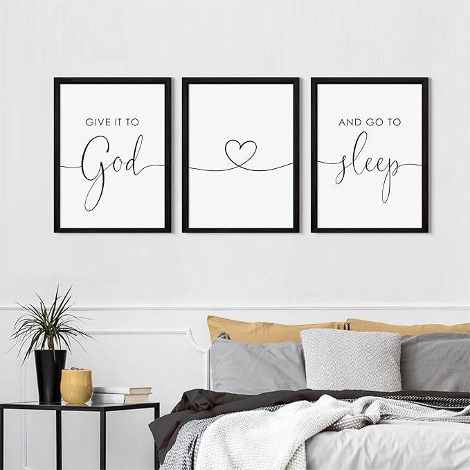 Give It to God and Go to Sleep Sign Canvas Wall Art Above Bed Wall Decor for Bedroom Bible Verse Prints Farmhouse Bedroom Pictures Artwork for over the Bed 16x24 Inch Framed Set of 3