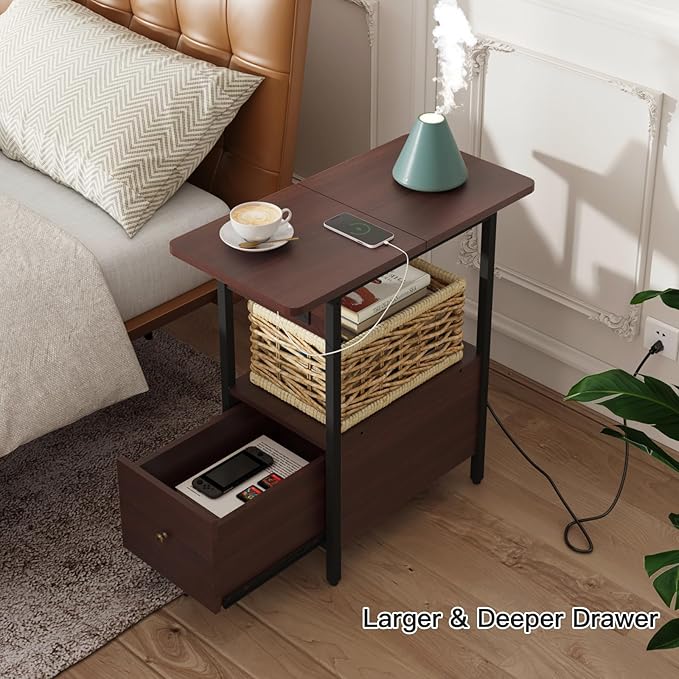 LIDYUK End Table with Charging Station, Narrow Side Table with Drawer and USB Ports & Power Outlets, Nightstand Bedside Tables for Small Spaces, Bedroom, Living Room, Dark Cherry