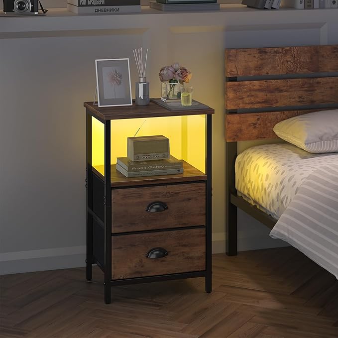 Rustic Brown Industrial Nightstand Set of 2, Bedside Table with 2 Fabric Drawers, 3-Tier Storage, LED Light, Charging Station, 11.38''D * 15.38''W* 24.75''H