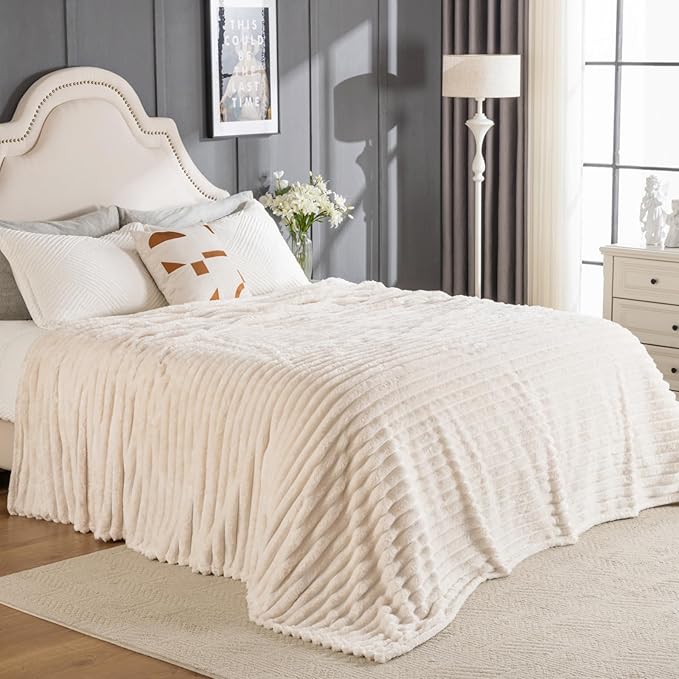 Wider Striped 380gsm Thick Beige Throw Blanket for Couch Super Soft Cozy Blankets for Women Fuzzy Fleece White Blanket for Bed Sofa 50x60
