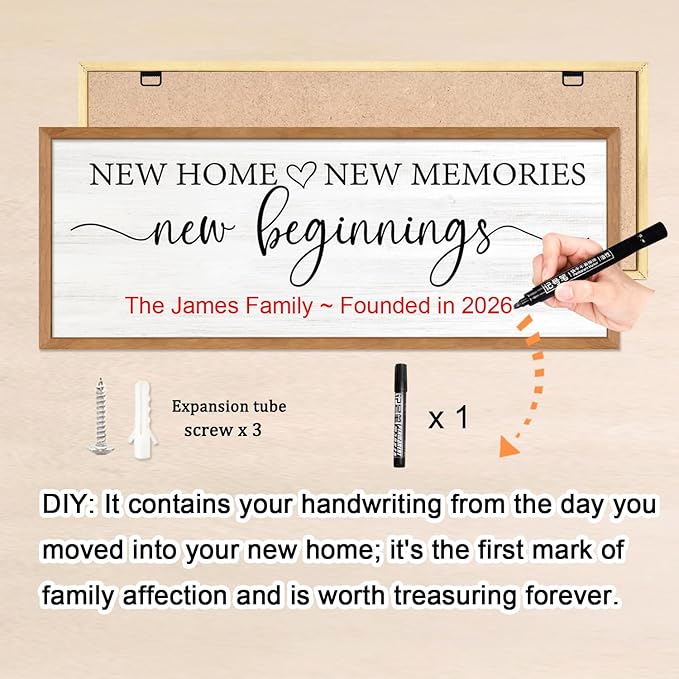 New Home, New Memories, New Beginnings Wall Decor Sign – 32x12 Inch Framed Wooden Sign with Writable Family Name & Year Space, Rustic Farmhouse Housewarming Gift for New Home, Entryway, Living Room, Natural