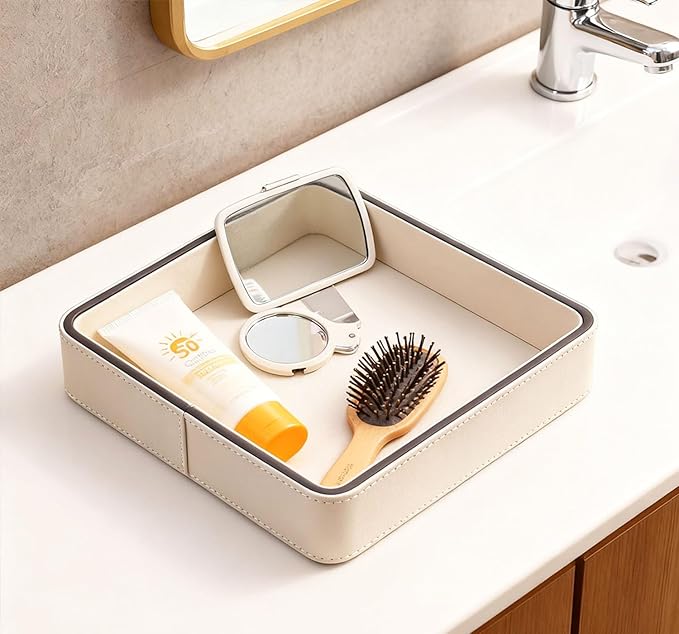 YIGUYI Faux Leather Vanity Tray, Elegant Desktop Storage Organizer，A perfume tray specifically designed for women，Nightstand or Dresser(Cream White)