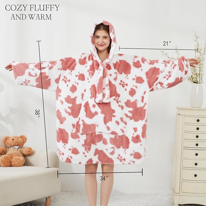 Softan Blanket Hoodie, Oversized Fleece Wearable Blankets for Women and Men Gifts, Cozy Warm and Soft Sweatshirt Blanket with Large Pocket, Pink Cow Print