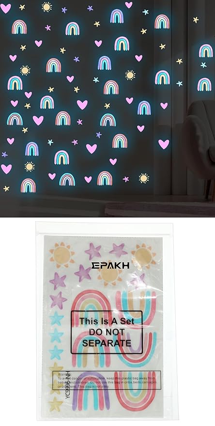 Epakh Rainbow Wall Decor Stickers Small Rainbow Decal Watercolor Heart Star Sun Wall Stickers Decor for Girls Boys Baby Bedroom Nursery(Luminous Blue)