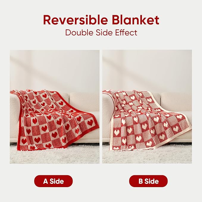 Snuggle Sac Red Heart Checkered Blanket for Women, Valentines Day Love Blankets Heart Blankets for Her Wife Mom,Super Soft Warm Fluffy Faux Fur Blanket for Couch Sofa Bed,Red Heart,60x80 inches