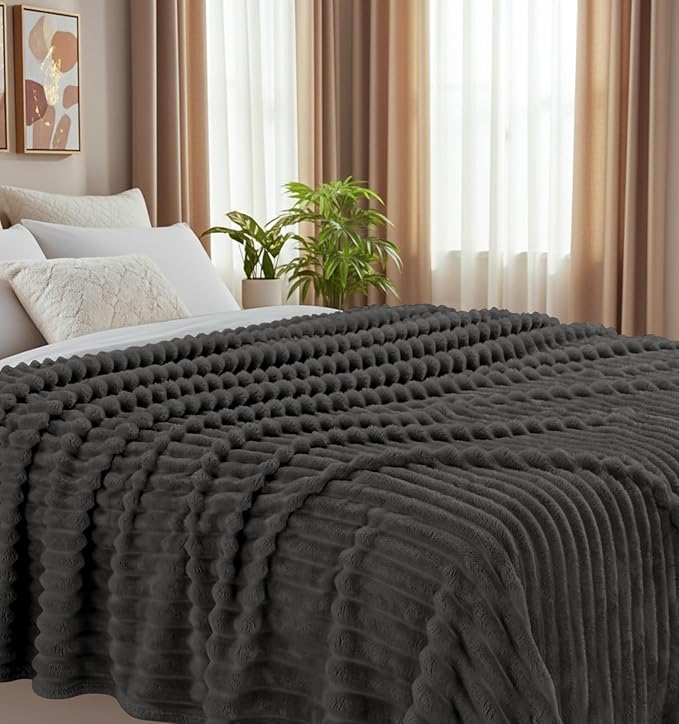Utopia Bedding Grey Striped Fleece Blanket Queen Size Fluffy, Warm & Lightweight Ribbed Throw for Bed, Sofa & Chair - Soft Cozy Blanket for Home Decor & Gifting (90x90 Inches)