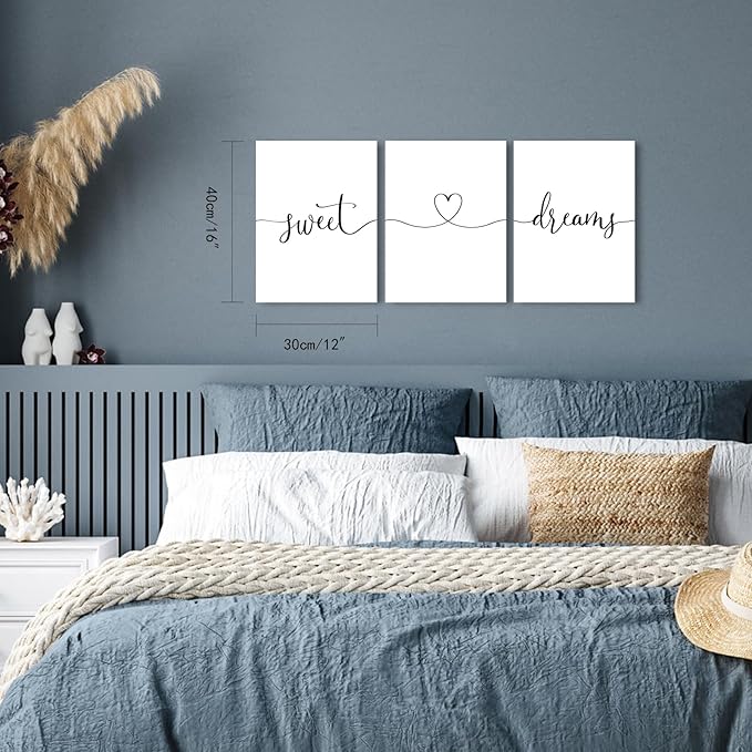 Sweet Dreams Wall Art Above Bed: Set of 3 Modern Master Bedroom Signs for Couples, Rustic Farmhouse Hanging Plaques Aesthetic Minimalist Guest Room Decor, 12x16 Inch