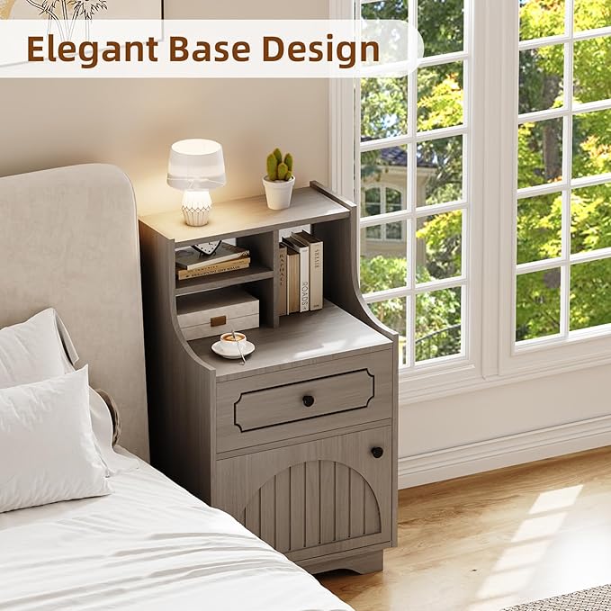 4ever2buy Farmhouse Nightstand with Storage Drawer and Hutch Bedside Table for Bedroom 30.31 inch Tall Night Stand End Table Wash Gray