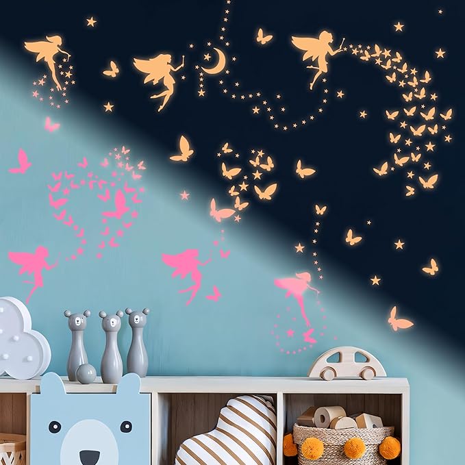 Glow in The Dark Fairy Wall Decals, Luminous Fairies Stars Wall Stickers for Ceiling, Peel and Stick Butterfly Decoration for Kids Room, Pink