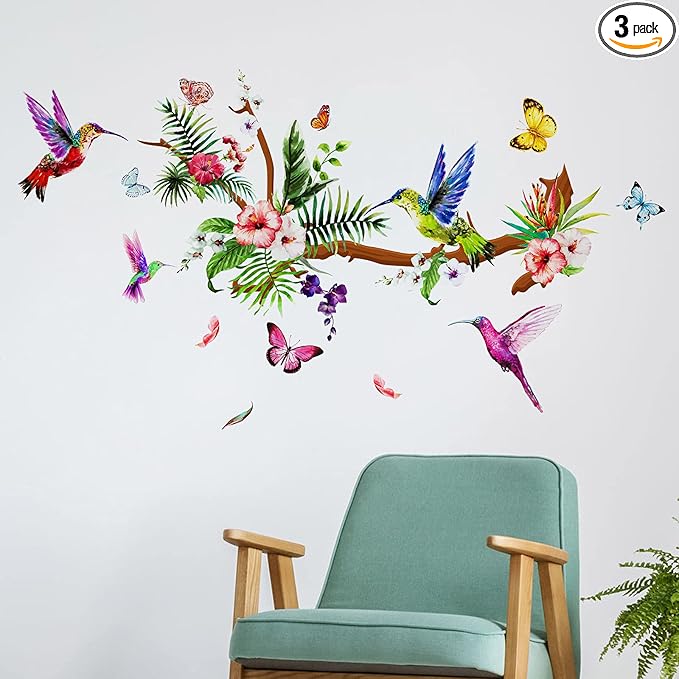 Zonon Hummingbirds Wall Decals Peel and Stick Birds Vinyl Wall Stickers Butterfly Flowers Colorful Hummingbird on the Tree Branch Flower Decals Garden Living Room Bedroom TV Decorations