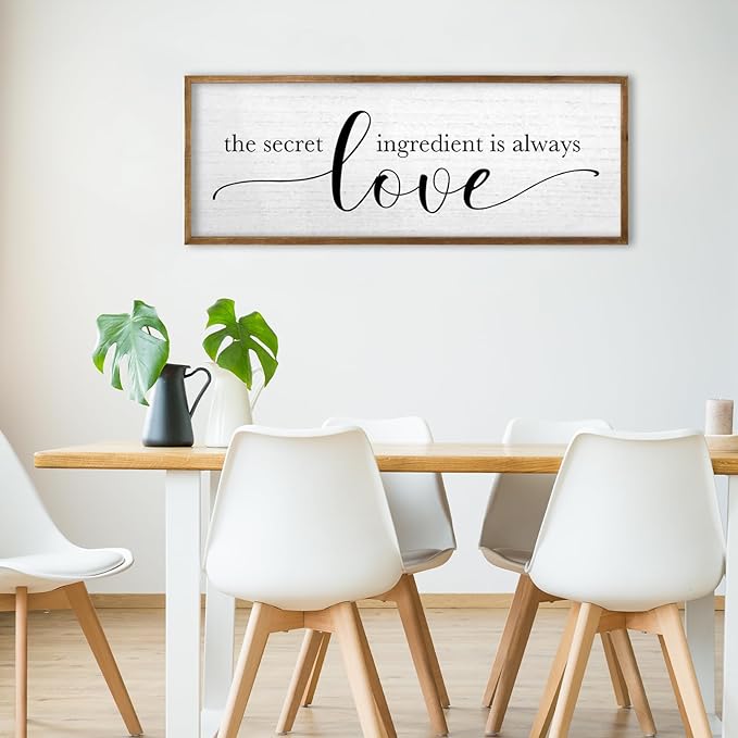 TQianJiang Kitchen Wall Decor The Secret Ingredient Is Always Love Sign 32"×12" Heartwarming Quote for Dining Room Mother's Day Large Farmhouse Rustic Wood Framed Wall Plaque Hanging Art (Wood)