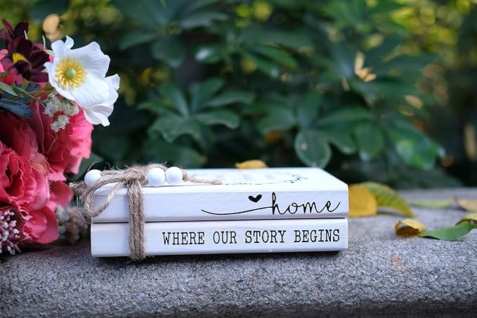 LIVDUCOT 2pcs Wooden Decorative Books Stack for Coffee Table Modern Farmhouse White Book Decor for Shelf Fireplace Mantle, Faux Books for Decoration (Home Where Our Story Begins)