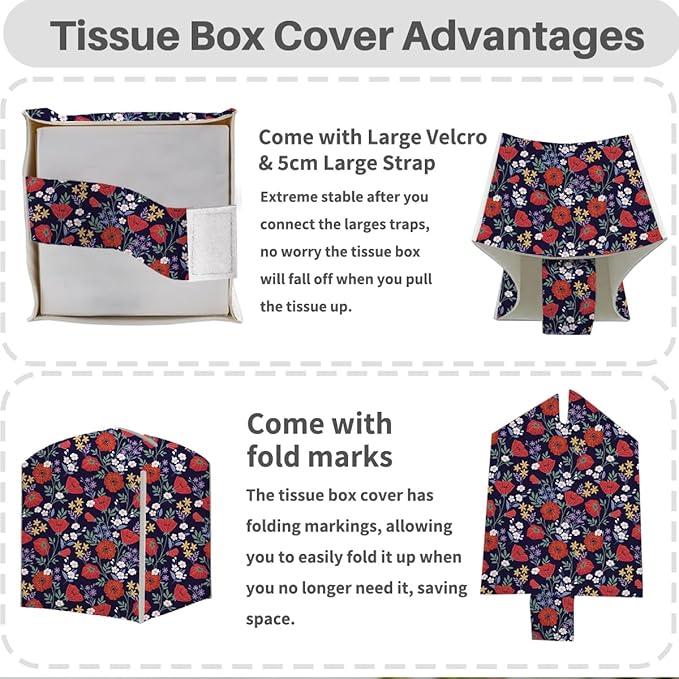 Tissue Box Cover, Tissue Box Holder, Square with Belt Bottom, PU Leather Decorative Organizer for Desk, Tabletop, Countertop Bathroom, Toilet Car, Office,Dressers, Kitchen, Aesthetic Red Flower Decor