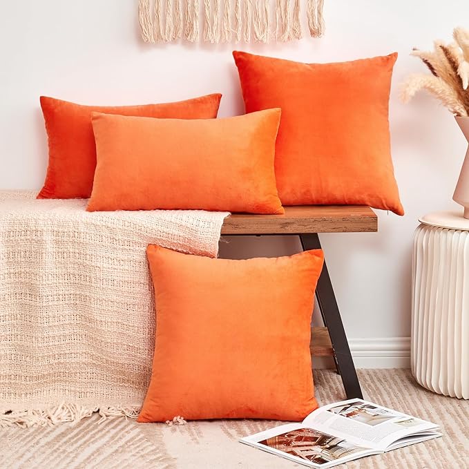 Fall Orange Throw Pillow Covers Decorative Velvet Set of 2 22x22 Inch Pillow Covers, Burnt Orange Large Pillowcases for Couch Sofa Bed Living Room, Farmhouse Boho Decor, Accent Cushion Covers