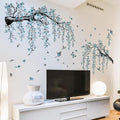 Blue Cherry Blossom Wall Stickers, Spring Watercolor Blue Flower Tree Wall Decals Bird Butterfly Peel and Stick Wall Murals Decor for TV Background Living Room Bedroom (Ink Blue)