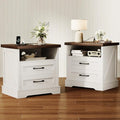 AODK 24 Inch Farmhouse Nightstand Set of 2, Bedside Tables with Charging Station, Wood End Tables with 2 Drawers and Open Shelf, Rustic Bed Side Table for Bedroom & Living Room, White & Dark Walnut