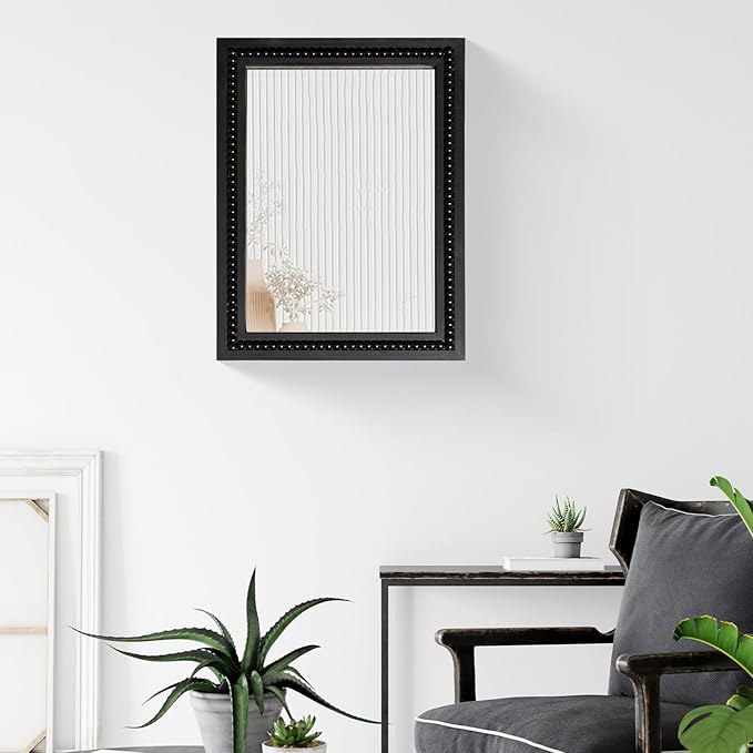 Black Wood Beaded Frame Wall Mount Mirror, 12 x 16 Inches Modern Farmhouse Real Glass Horizontal/Vertical Hanging Mirror for Bathroom, Living Room, Entryway