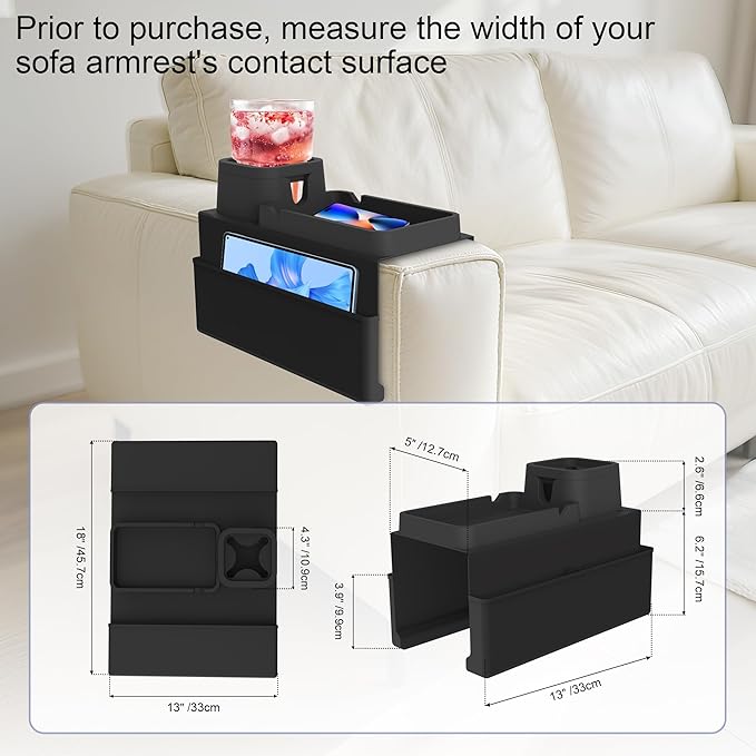 KindGa Couch Cup Holder Tray,Silicone Couch Arm Cup Holder,Couch Arm Organizer for Sofa Drinks/Phone/Remote/Snacks,Couch Armrest Recliner Armchair Caddy - Black