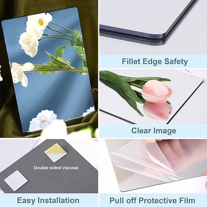 JUNEBRUSHS 8 Pack Self Adhesive Acrylic Mirror, 4X 6 Inch Mirror Tiles,Flexible Plastic Mirror Sheets Wall Stickers