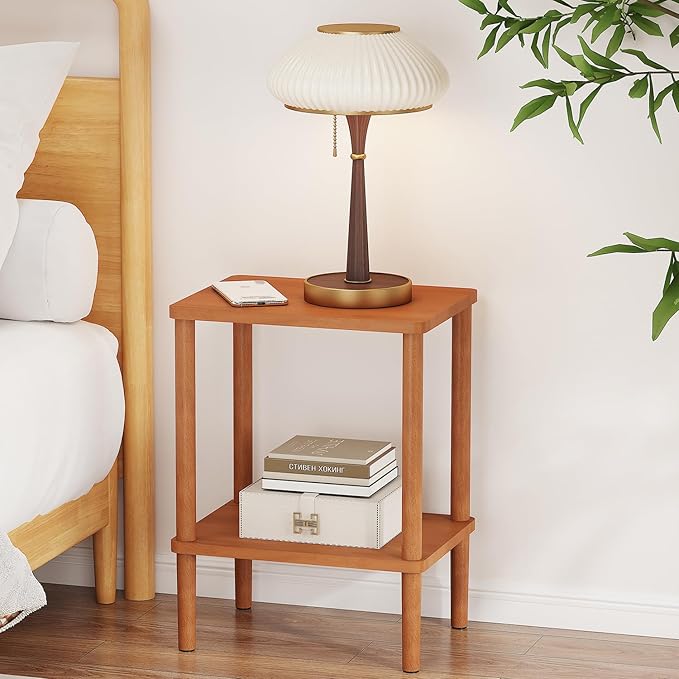 LUCKNOCK Solid Wood Side Table, 2-Tier Small End Table with Storage Shelf, Narrow Nightstand Bedside Table for Small Spaces, Bedroom, Living Room, Farmhouse, No-Tool Assembly.