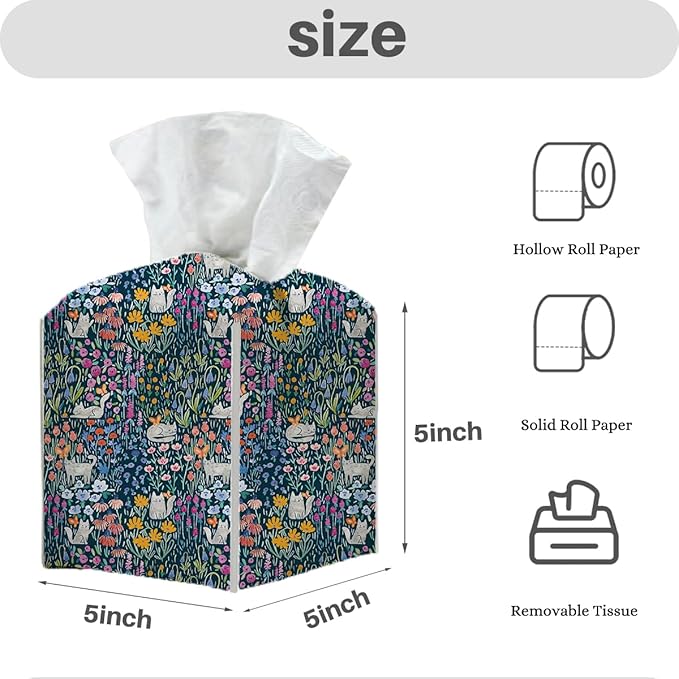 Tissue Box Cover, Tissue Box Holder, Square with Belt Bottom, PU Leather Decorative Organizer for Desk, Tabletop, Countertop Bathroom, Toilet Car, Office, Dresser Bedside, Cat Plant Flower Decor