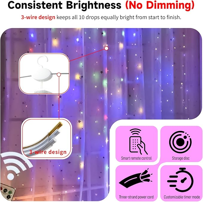 HXWEIYE 300LED Untangled Curtain Lights, 9.8x9.8Ft USB Fairy Twinkle String Lights with Remote and DIY Timer, 8 Modes Window Wall Hanging Light for Bedroom Dorm Backdrop Room Decor, Multicolor