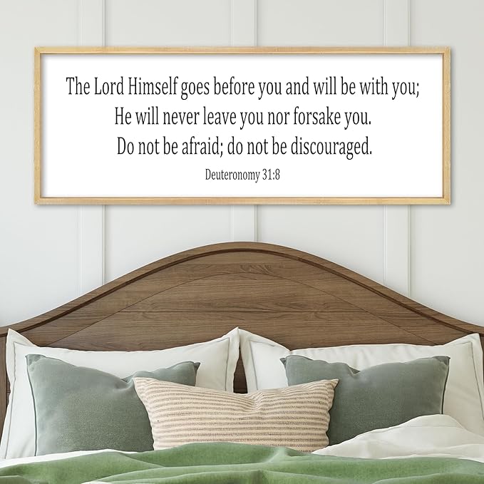 Christian Wall Decor The Lord Himself Will Go Before You He Will Be With You Deuteronomy 3:18 Sign 32"×12" Bible Verse Scripture Sign Large Rustic Wall Hanging Art (Wood)