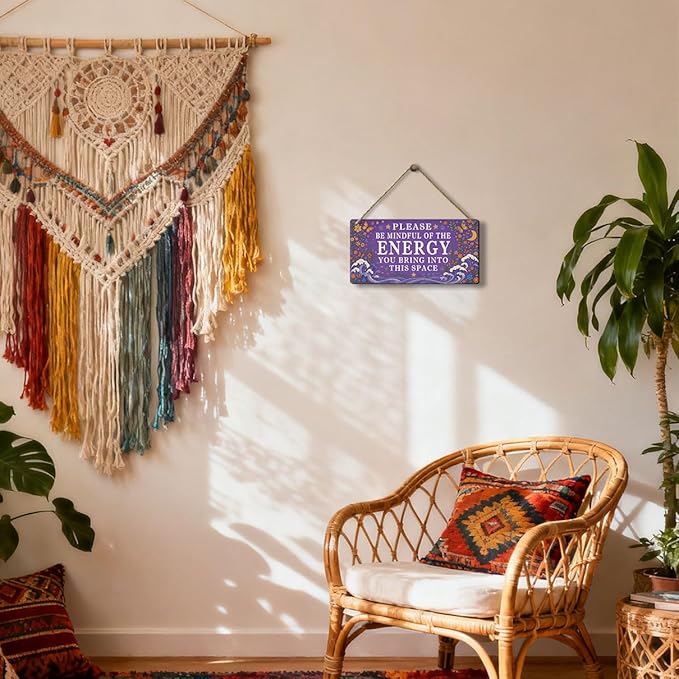 Spiritual Wall Decor Positive Energy Sign - Please Be Mindful of the Energy You Bring Sign -Good Vibes Only Signs Zen Decor for Home, Yoga Room, Meditation Space, Bedroom Door Hanging Signs 12x6 Inch