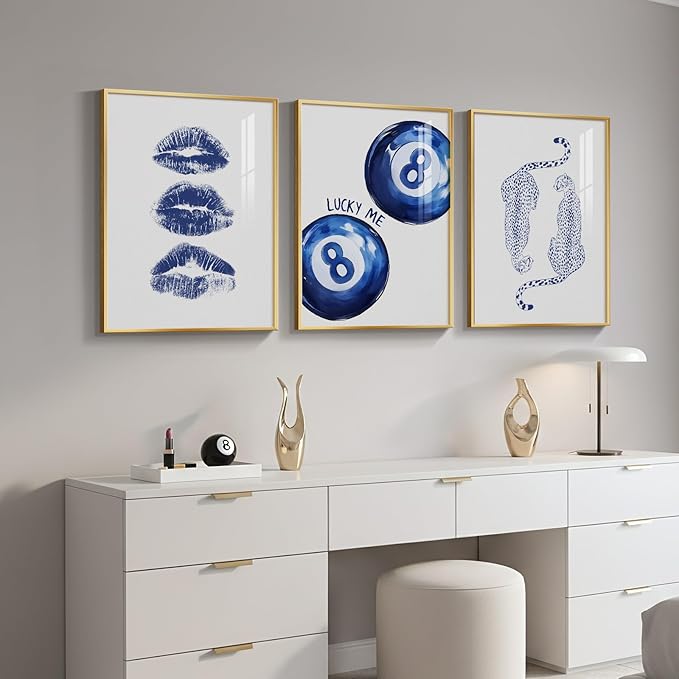 Framed Blue Aesthetic Wall Art for Room Decor, 3 Piece Pop Lip 8 Ball Cheetah Blue Artwork for Walls, Trendy Preppy Canvas Prints for Bedroom Living Room Hallway Apartment Wall Decor, 12x16 Inch