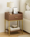 Masupu Nightstand, 3-Tier Modern Bedside Night Stand with Storage Drawer and Shelf, Small End Side Table for Bedroom, Living Room, Walnut