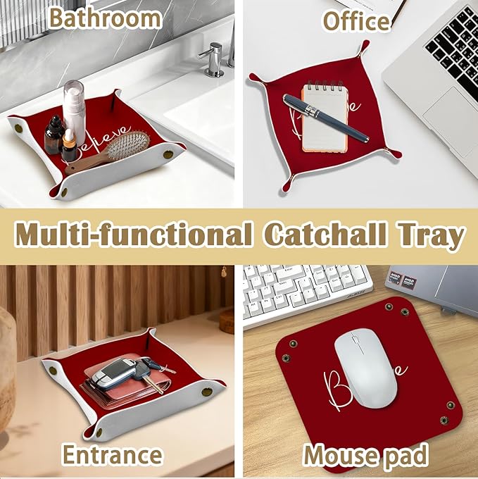 Believe Gifts for Women Tray Decor, Employee Appreciation Day Red PU Leather Catchall Beside Caddy Nightstand Organizer Tray for Jewelry Rings Watches Keys and Accessories, 7.87x7.87in